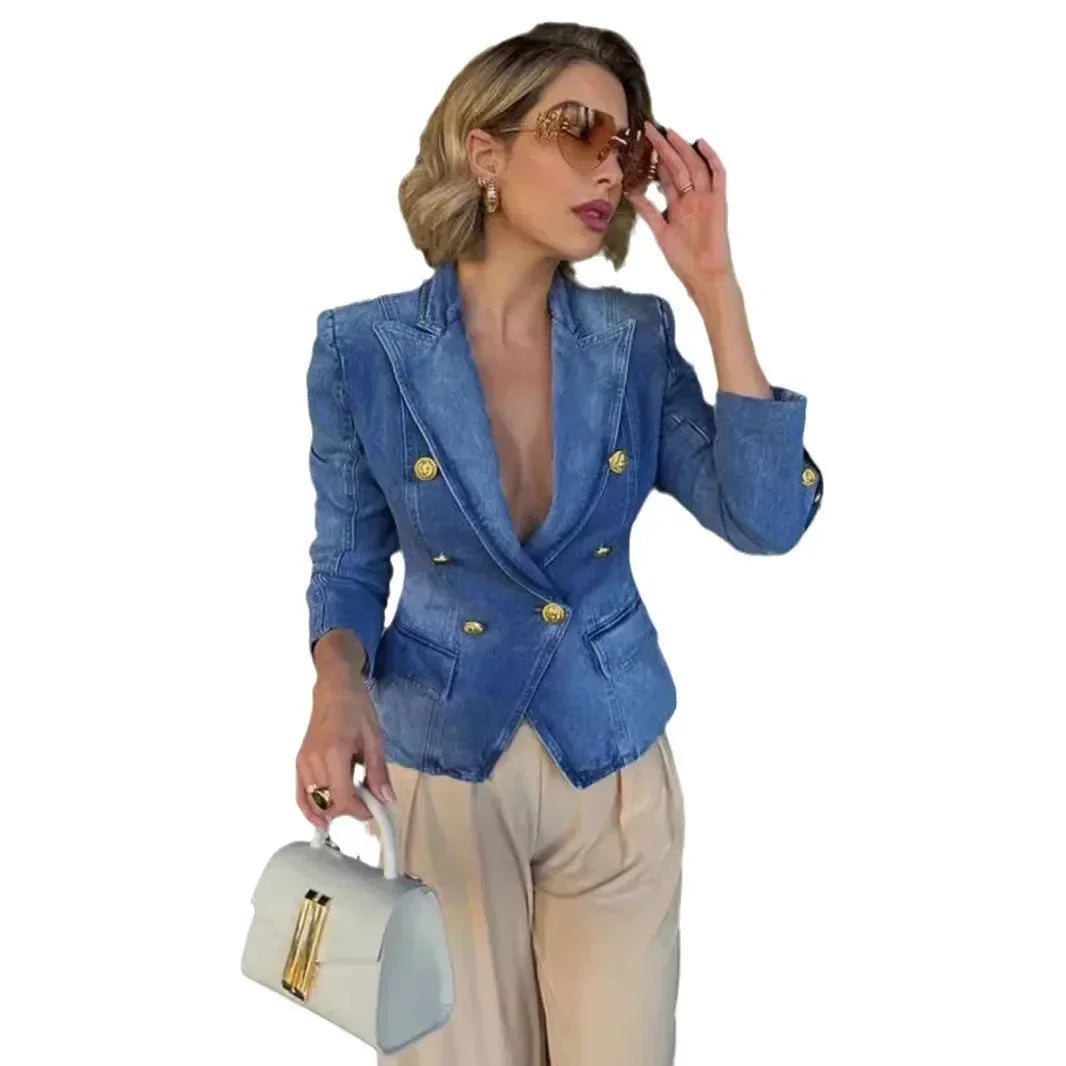 Blazer in denim doppio petto donna – giacca lunga da autunno/inverno 2025 con stile elegante e casual