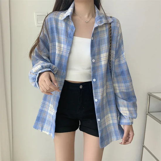 Camicia a quadri donna autunno 2025 – camicia manica lunga stile preppy vintage, taglio loose, single-breasted