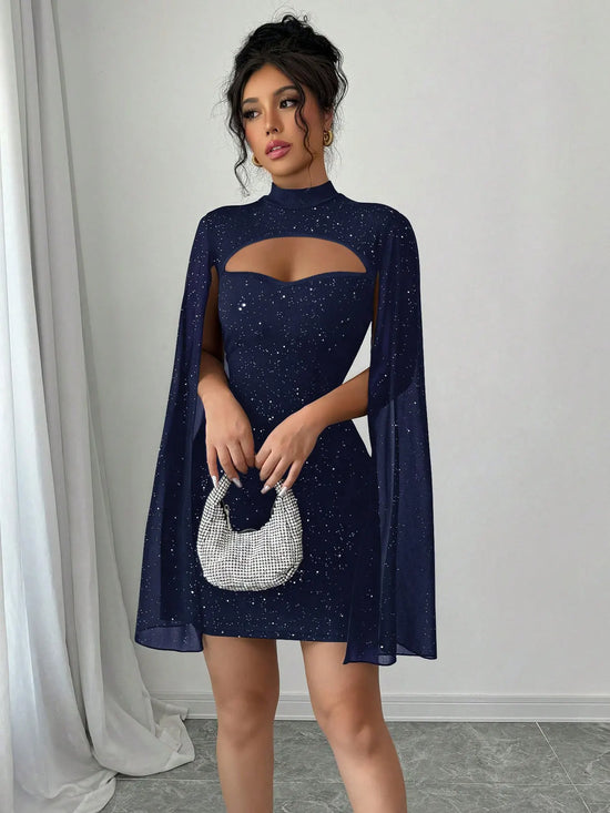 Abito Elegante Donna con Mantella in Chiffon – Vestito Cerimonia Aderente