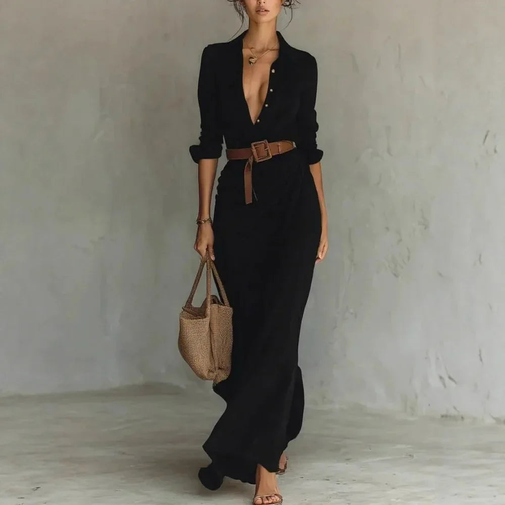 Vestito lungo donna 2025 ‒ abito elegante manica lunga con scollo profondo, cintura, taglio asimmetrico “irregular”, perfetto per party e occasioni speciali