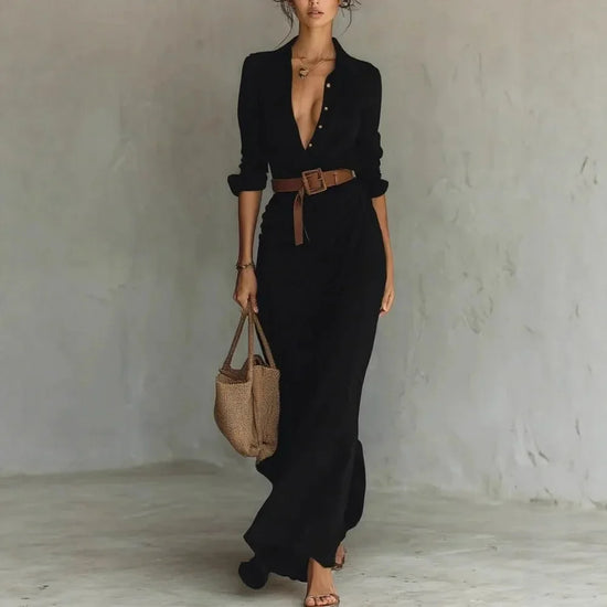Vestito lungo donna 2025 ‒ abito elegante manica lunga con scollo profondo, cintura, taglio asimmetrico “irregular”, perfetto per party e occasioni speciali