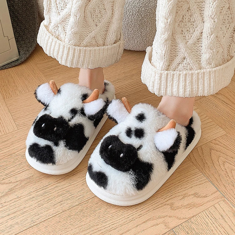 Casual Fluffy Slippers Women House Cute Cartoon Cow Designer Shoes Girl Flat Fashion Elegant Plush Winter Platform Footwear Home