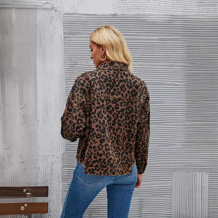 Giacca in denim donna leopard print – blazer oversize a maniche lunghe con collo a rever stile coreano primavera-autunno