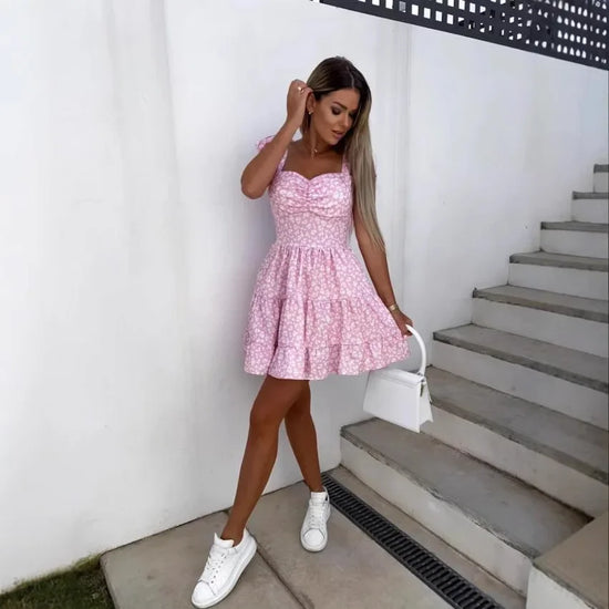 Abito mini estivo 2025 con stampa, scollo halter, spalline regolabili – Vestito donna fresco e unico