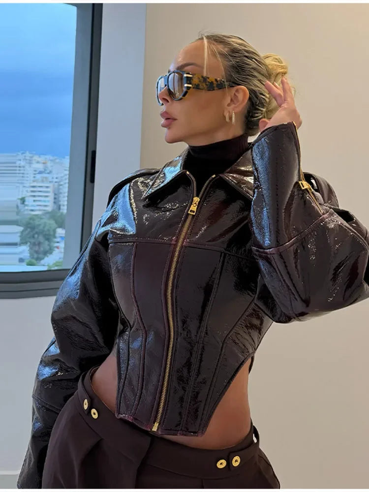 Giacca Biker Donna Effetto Pelle Lucida con Zip – Nero o Rosso