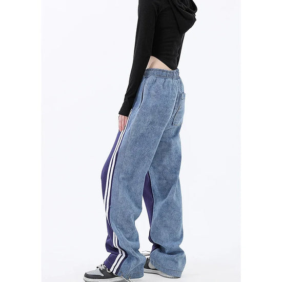 Pantaloni wide leg spliced donna – modello vita alta elasticizzata con tasche a contrasto, pantaloni larghi casual