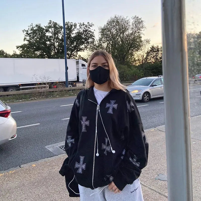 Felpa con cappuccio, zip e strass stile Y2K