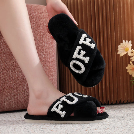 Ciabatte Donna F**K OFF in Peluche con Fasce Incrociate e Dettagli Strass