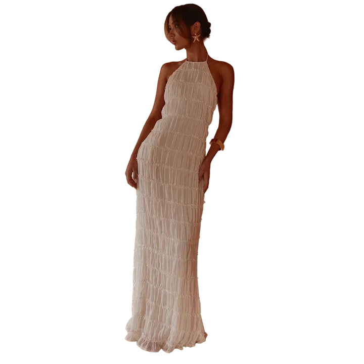 abito lungo donna con schiena scoperta e pieghe elegante