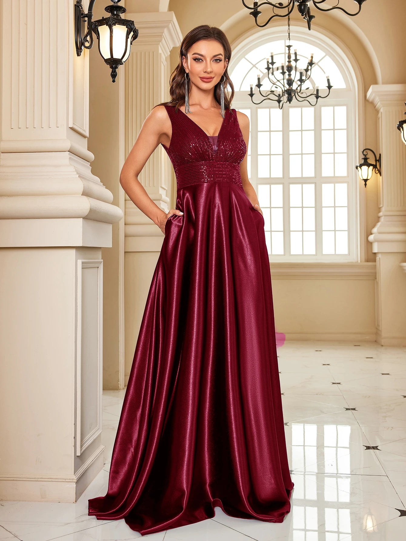 Abito Lungo Elegante Donna con Paillettes e Scollo V – Vestito Cerimonia Matrimonio