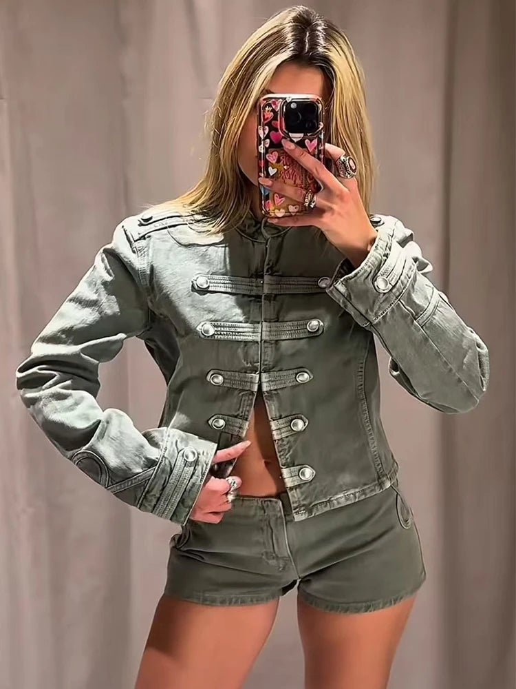 Giacca Corta Donna Effetto Denim con Bottoni e Collo Tondo