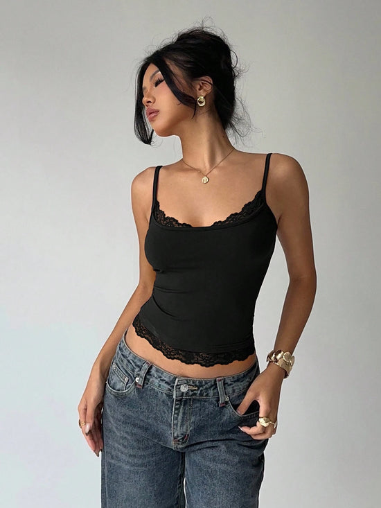 Women's Sexy Lace Trim U-Neck Basic Solid Color Slim Fit Cami Top Casual Spaghetti Straps Backless Crop Top Spring/Summer 2026