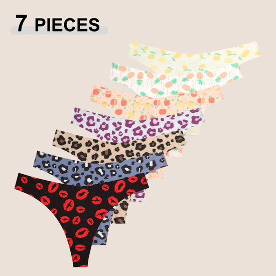 Set 7 pezzi perizomi donna in ice silk ultra sottile – G-string vita bassa con stampa farfalla/leopardato/frutta, lingerie comfort e sexy