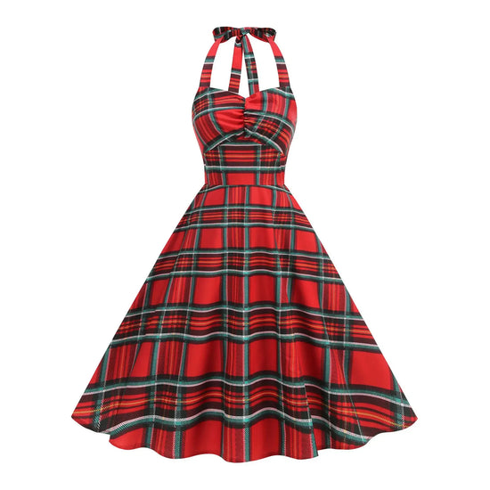 Abito donna autunno-inverno con motivo scozzese natalizio – manica lunga, vita regolare, stile elegante plaid rossa e verde