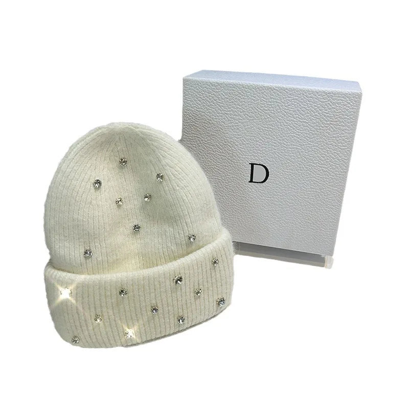 Cappello invernale con strass e pelliccia – Berretto a maglia con perline lucenti per donna, caldo e fashion