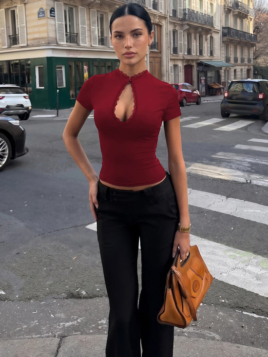 Dulzura O-Neck Short Sleeve Hollow Out Lace Ruffle Patchwork T-Shirt Women'S Solid Sexy Casual Y2K Top Party Club Street Clothes
