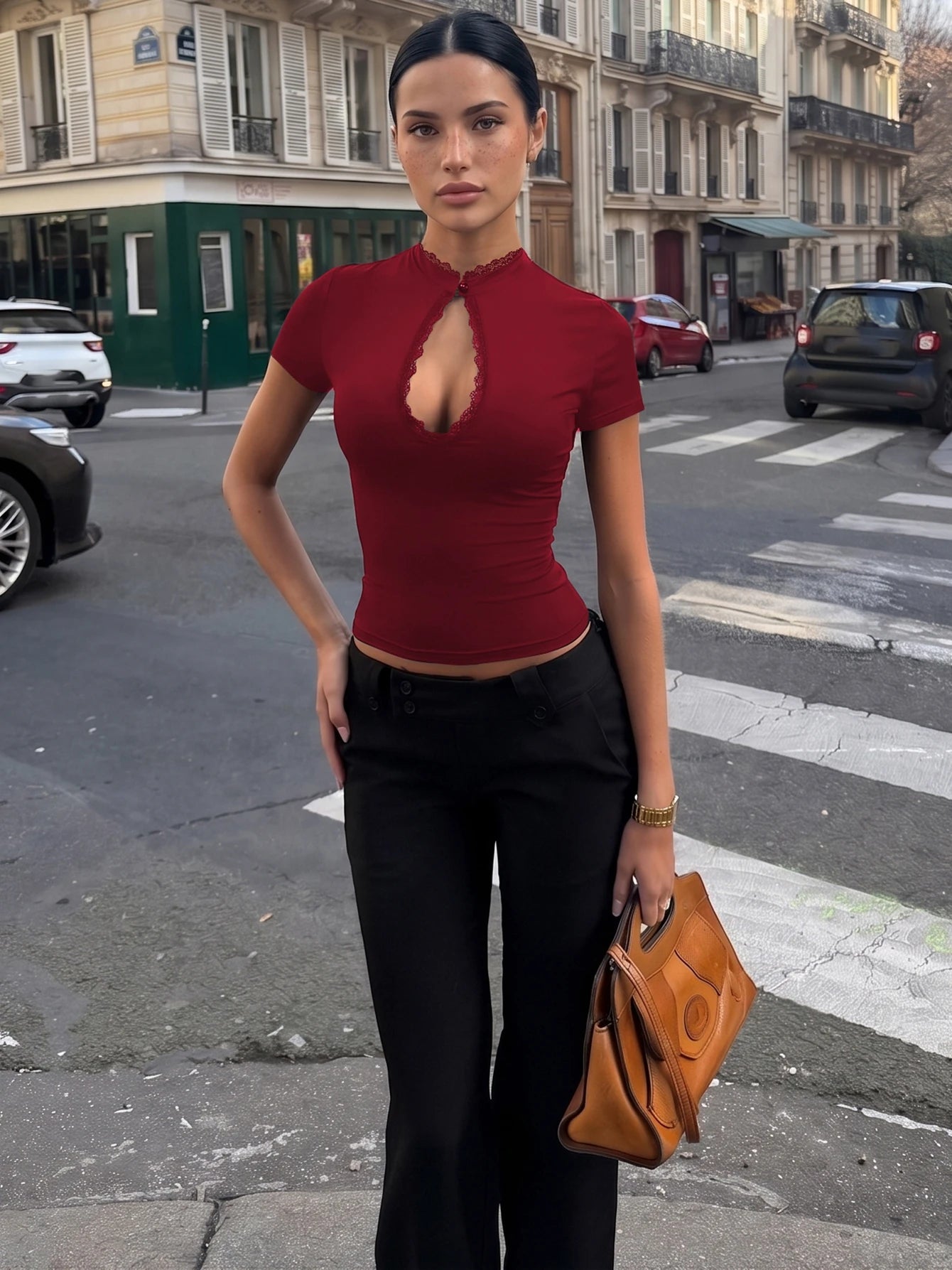 Dulzura O-Neck Short Sleeve Hollow Out Lace Ruffle Patchwork T-Shirt Women'S Solid Sexy Casual Y2K Top Party Club Street Clothes
