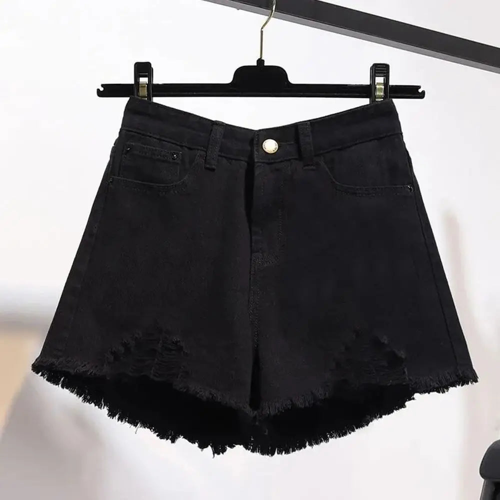 Cowboy shorts donna vita alta stile coreano – denim bianco con tasche, frange e strappi