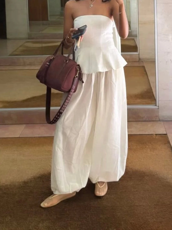 Pantaloni Balloon Donna Vita Alta – Wide Leg Bianco con Tasche