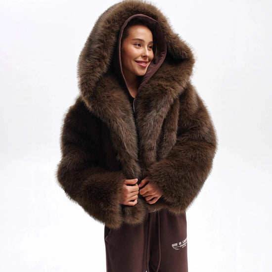 Pelliccia sintetica donna marrone con cappuccio