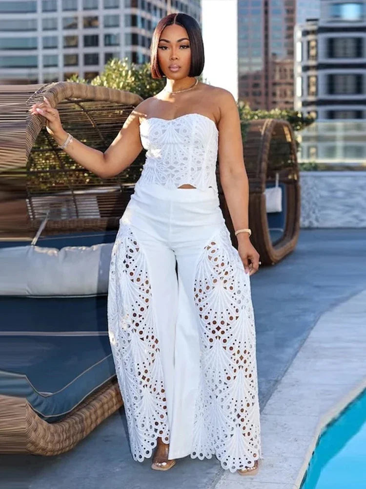 Set top strapless traforato + pantaloni – coordinato donna sexy senza spalline con design hollowed per look chic