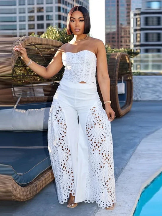 Set top strapless traforato + pantaloni – coordinato donna sexy senza spalline con design hollowed per look chic