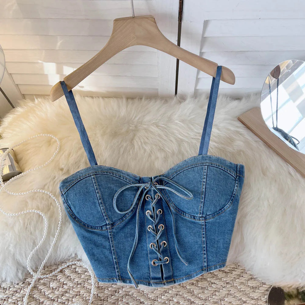 Top Denim Corsetto con Reggiseno Integrato – Crop Top Donna