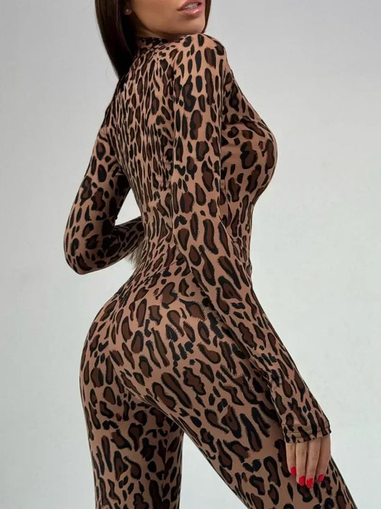 Tuta intera donna zip-front leopard print 2025 – jumpsuit a manica lunga vita alta, bodysuit sportivo-chic