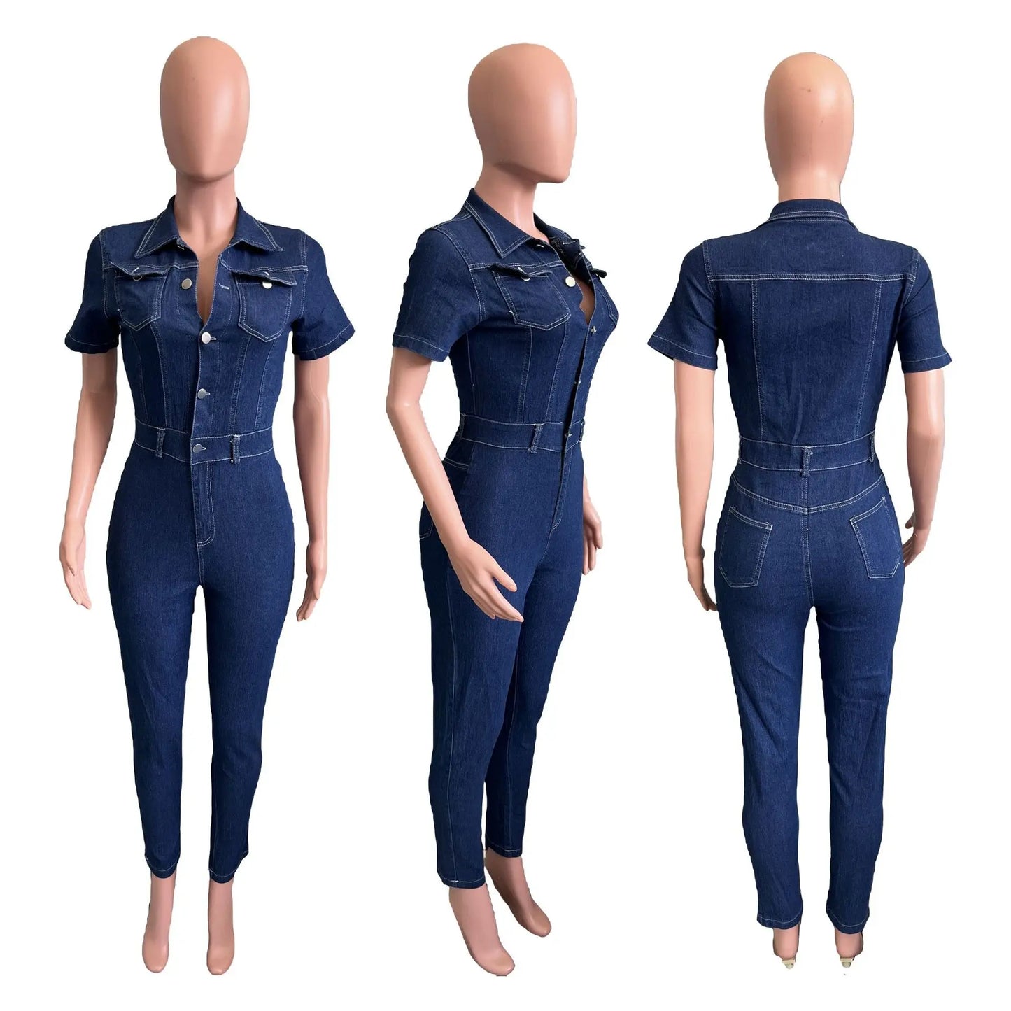Jeans salopette skinny donna 2025 ‒ denim stretch blu con bottoni, jumpsuit casual con colletto a rever