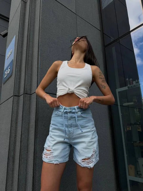 Shorts Jeans Donna Vita Alta con Ricamo Don’t Touch