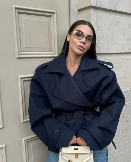 Trench coat donna con lacci – Giacca lunga a maniche lunghe, doppio petto, colletto a revers, stile casual elegante per l'autunno/inverno 2025