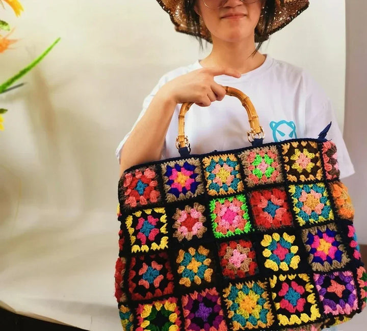 Kit borsa granny square etnica – set fai-da-te per borsa con perle, mano in legno, stile boho / woven, handbag artigianale