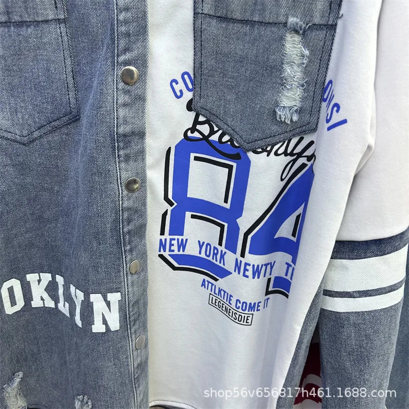 Completo Donna 2 Pezzi Denim Patchwork – Camicia Lunga + Jeans Vita Elastica Street Stylewo-Piece Set Letter Splicing