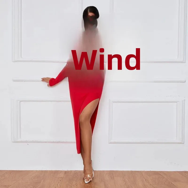 Vestito lungo aderente maniche lunghe con nodo frontale e spacchi laterali – abito elegante da sera slim-fit glamour