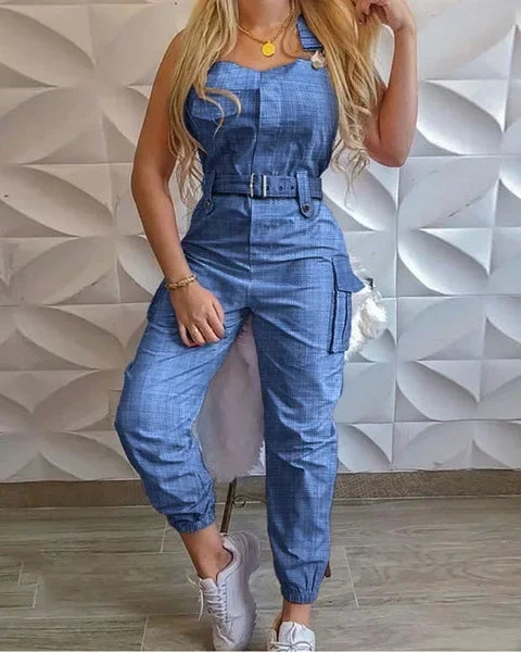 Jumpsuit cargo donna 2025 – tuta senza maniche con spalline sottili, tasche utility, look casual chic
