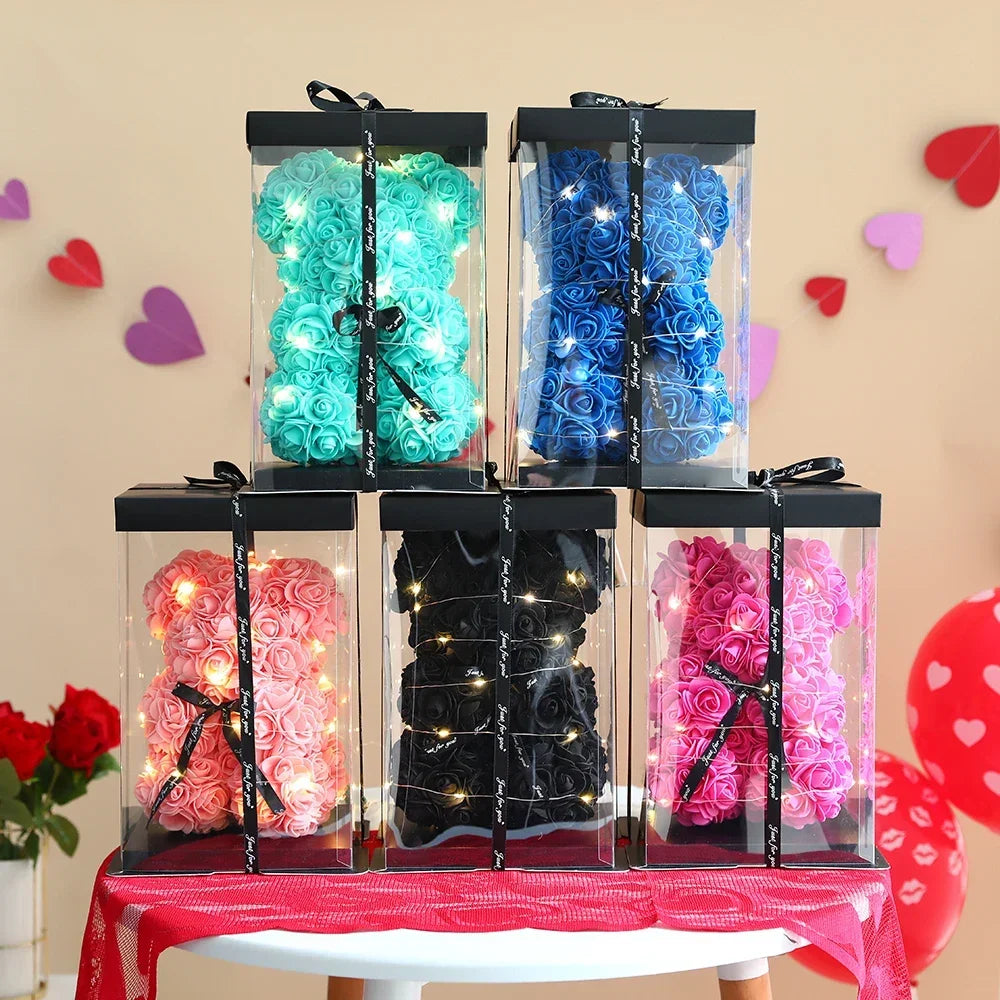 Orsetto di Rose Artificiali 25 cm con Scatola – Regalo Romantico San Valentino