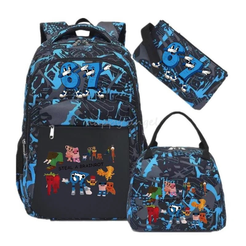 67 Six Seven Print 3Pcs/set Camouflage Backpack With Lunch Bag Steal A BrainRot Boy Student Teens Rucksack Girl Casual SchoolBag