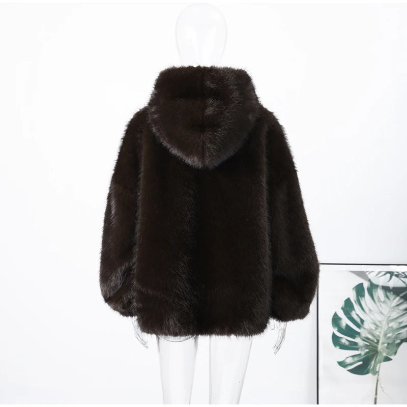 Felpa donna effetto pelliccia marrone con cappuccio