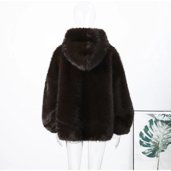 Felpa donna effetto pelliccia marrone con cappuccio
