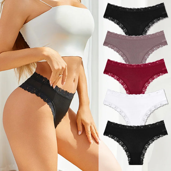 Set 5 pezzi perizomi donna vita media contrasto pizzo floreale – mutandine traspiranti sexy low-waist da S a XXL