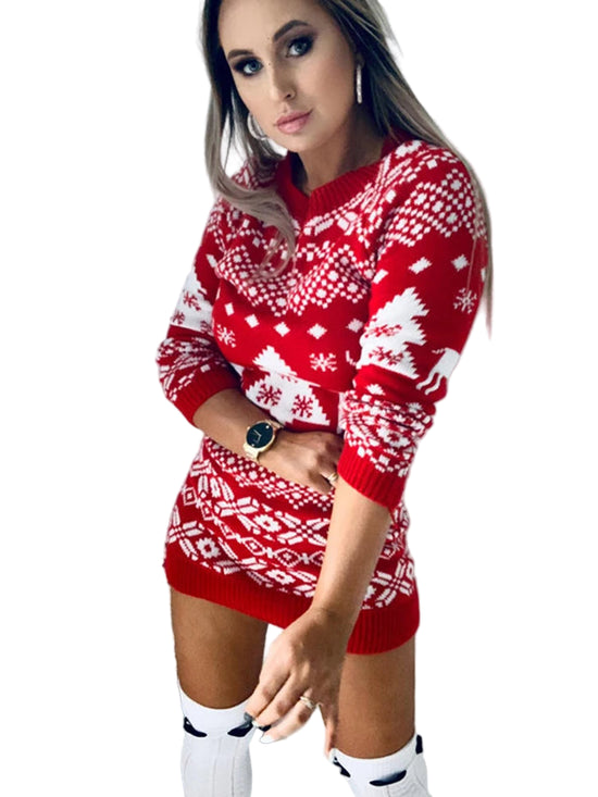 Abito maglione donna autunno/inverno – lungo manica lunga, motivo cervo e rombi, elegante body con per feste natalizie