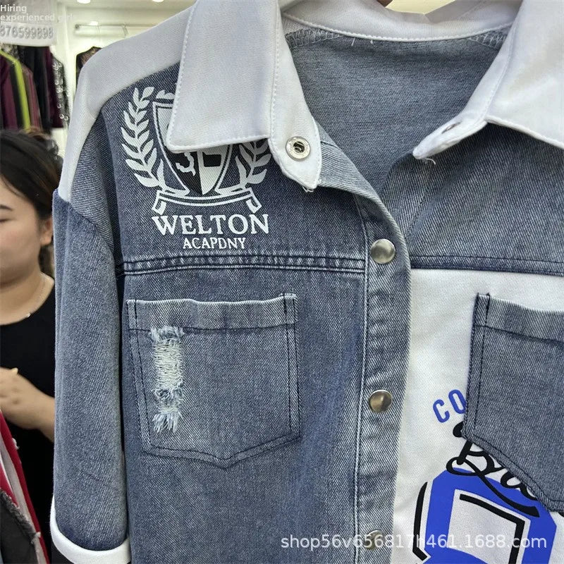 Completo Donna 2 Pezzi Denim Patchwork – Camicia Lunga + Jeans Vita Elastica Street Stylewo-Piece Set Letter Splicing