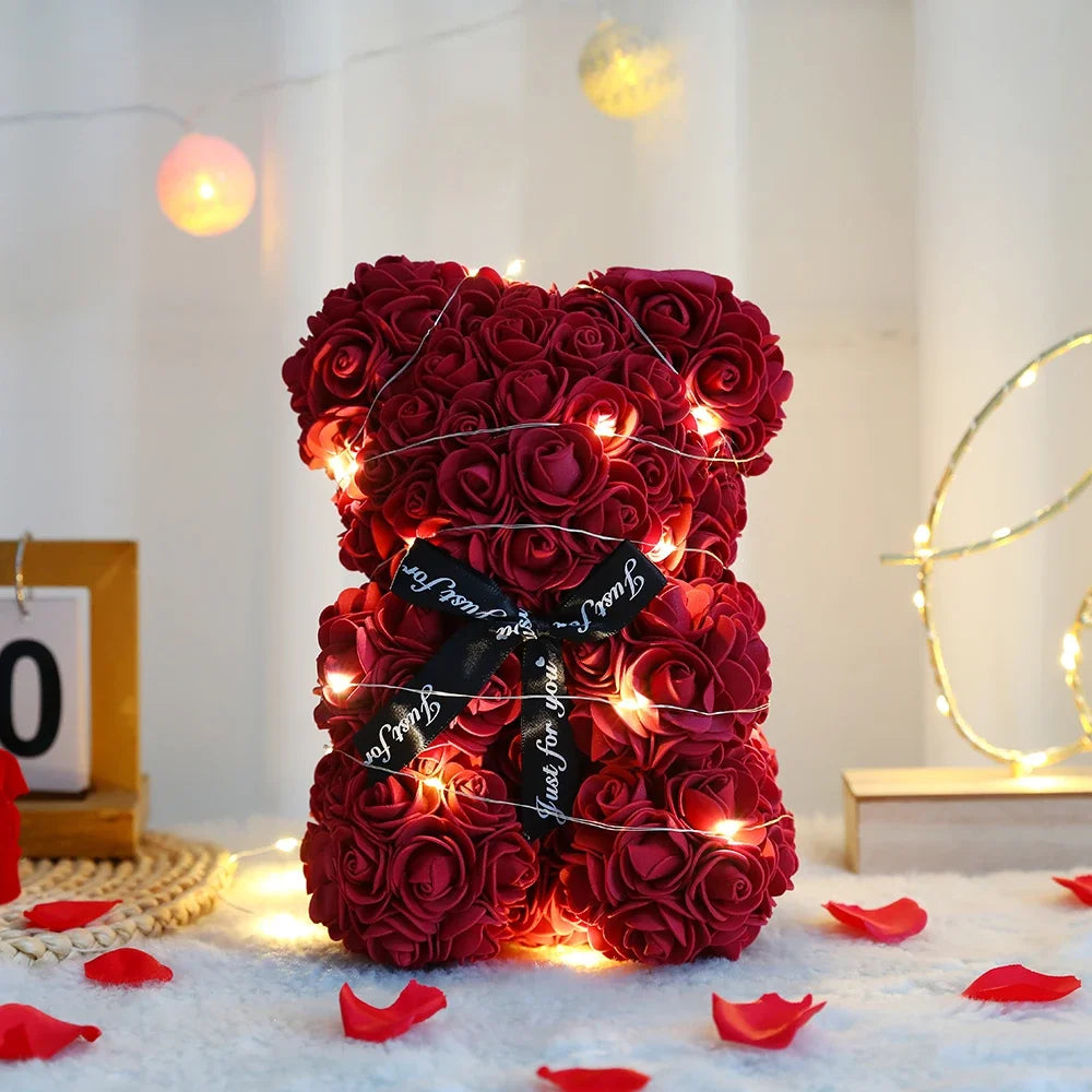 Orsetto di Rose Artificiali 25 cm con Scatola – Regalo Romantico San Valentino