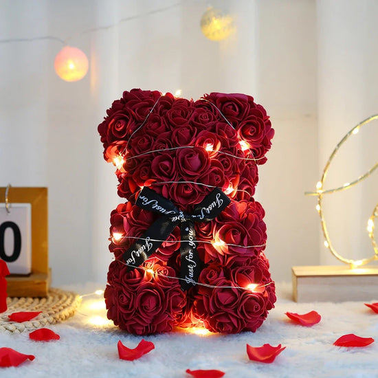 Orsetto di Rose Artificiali 25 cm con Scatola – Regalo Romantico San Valentino