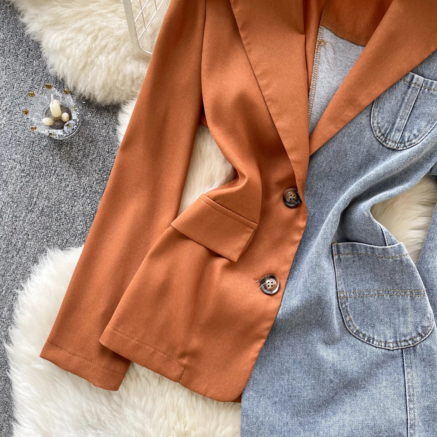 Giacca patchwork in denim con rever 2025 – blazer overshirt donna doppio bottone, vita slim, stile commuter