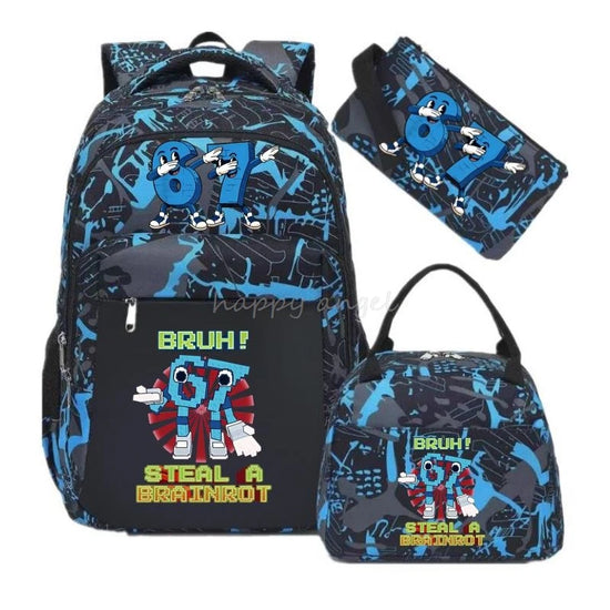 67 Six Seven Print 3Pcs/set Camouflage Backpack With Lunch Bag Steal A BrainRot Boy Student Teens Rucksack Girl Casual SchoolBag