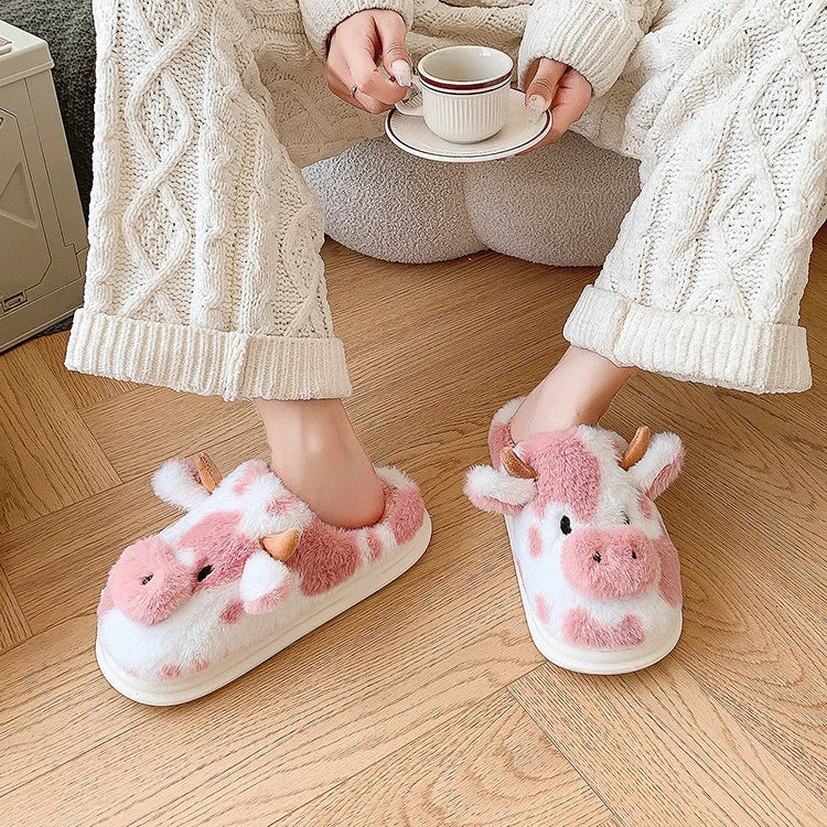 Casual Fluffy Slippers Women House Cute Cartoon Cow Designer Shoes Girl Flat Fashion Elegant Plush Winter Platform Footwear Home