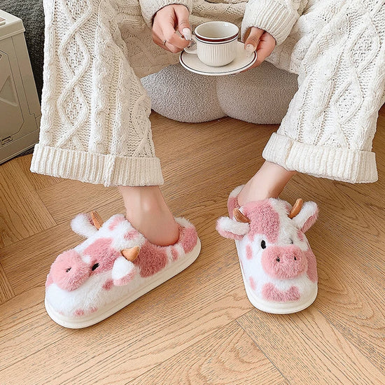 Casual Fluffy Slippers Women House Cute Cartoon Cow Designer Shoes Girl Flat Fashion Elegant Plush Winter Platform Footwear Home