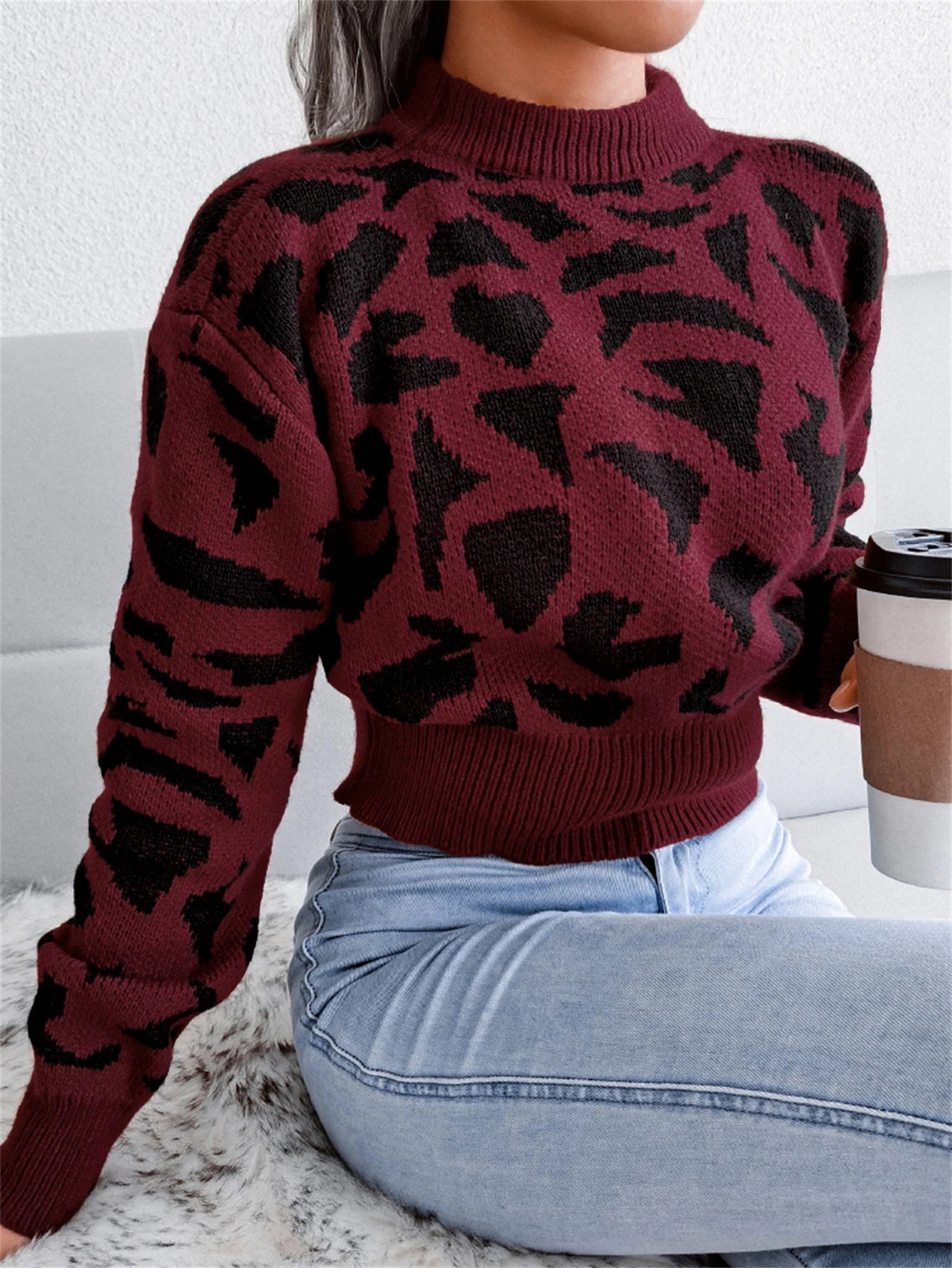 Pullover con stampa leopardata donna – Maglione corto girocollo per autunno/inverno, knit con raccolta in vita