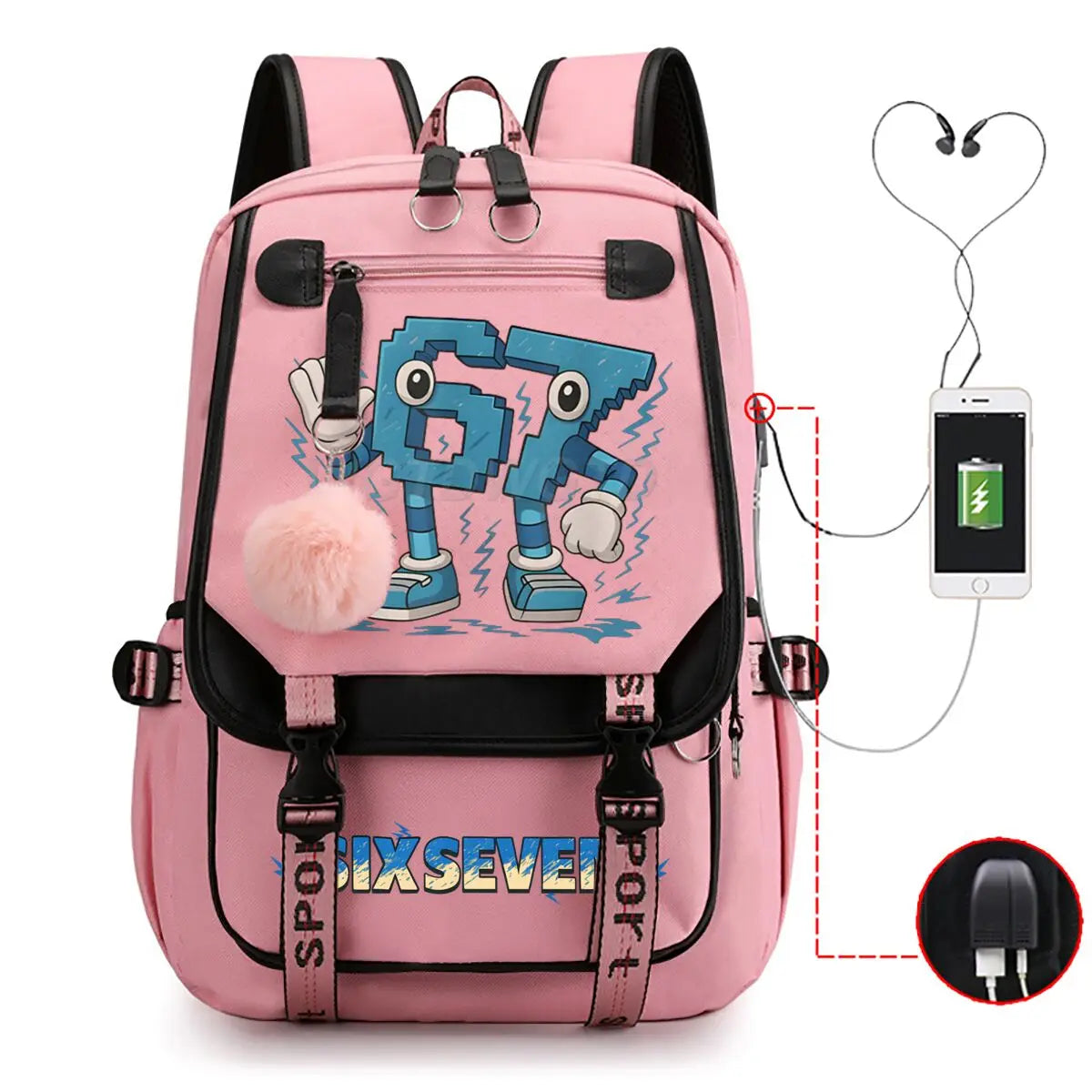 Cartoon Six Seven Italian Brainrot Funn Game Backpack College Girls Boys 67 Design Theme Back Pack Fashion USB Charging Bookbags